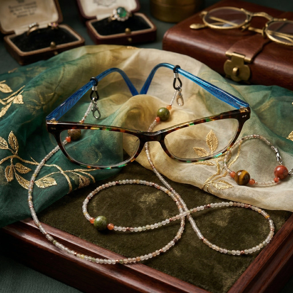 Collier avec attaches pour lunette Unakite et Quartz Cornalite, Rutile et Tourmalite