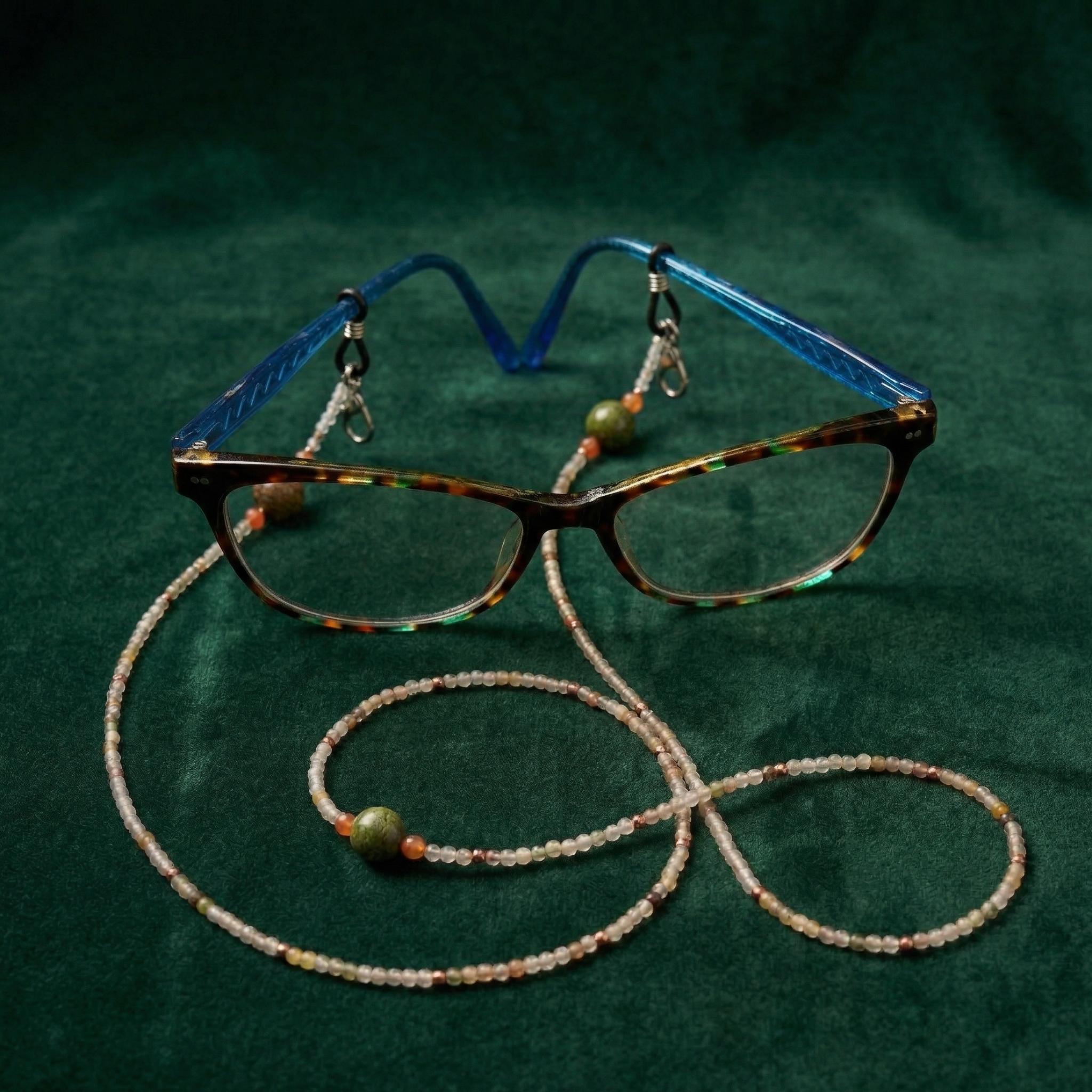 Collier avec attaches pour lunette Unakite et Quartz Cornalite, Rutile et Tourmalite