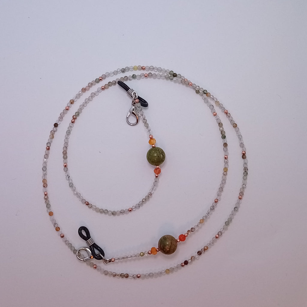 Collier avec attaches pour lunette Unakite et Quartz Cornalite, Rutile et Tourmalite