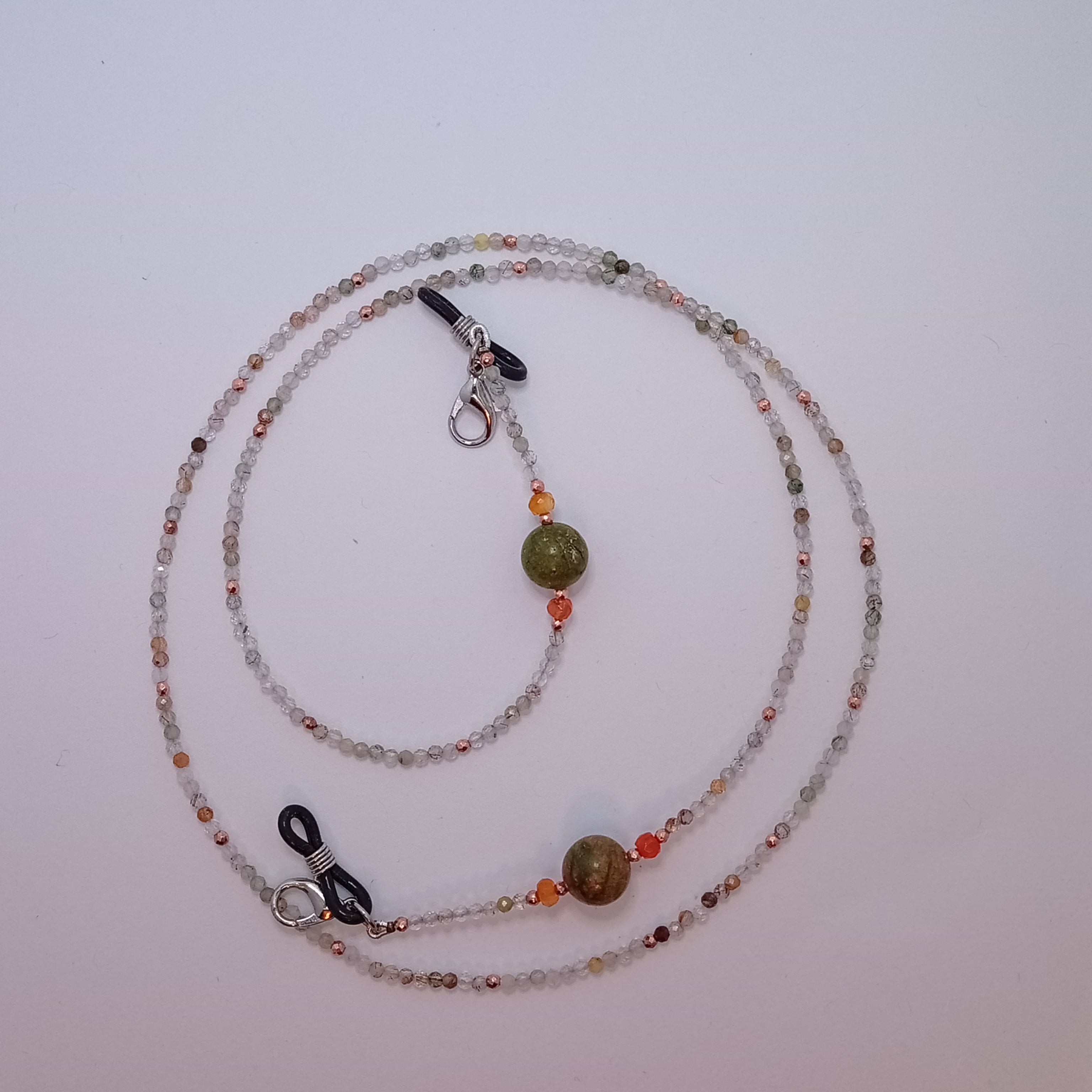 Collier avec attaches pour lunette Unakite et Quartz Cornalite, Rutile et Tourmalite