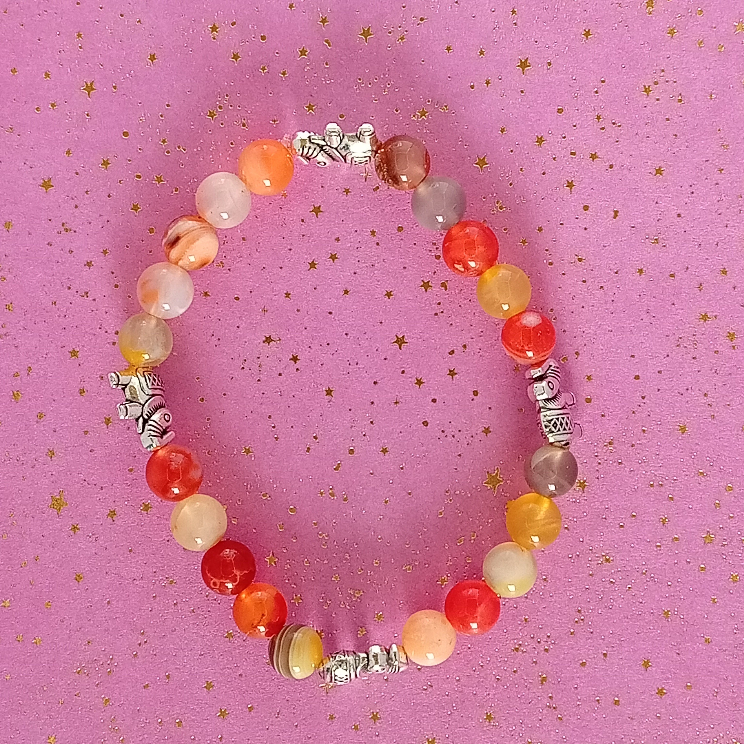 Bracelet-Botswana Agate-Tigre, Éléphant, Fleur de Lotus.