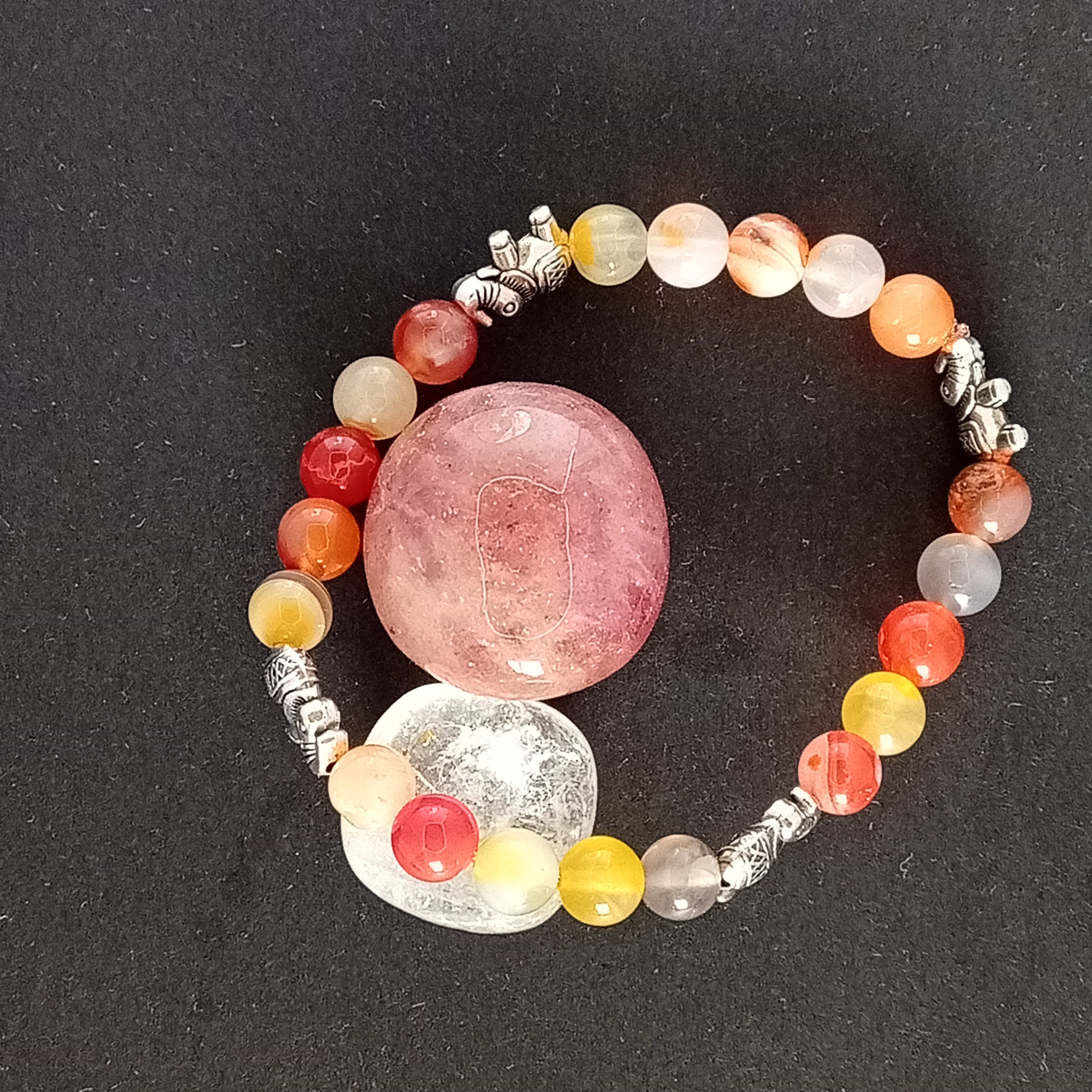 Bracelet-Botswana Agate-Tigre, Éléphant, Fleur de Lotus.