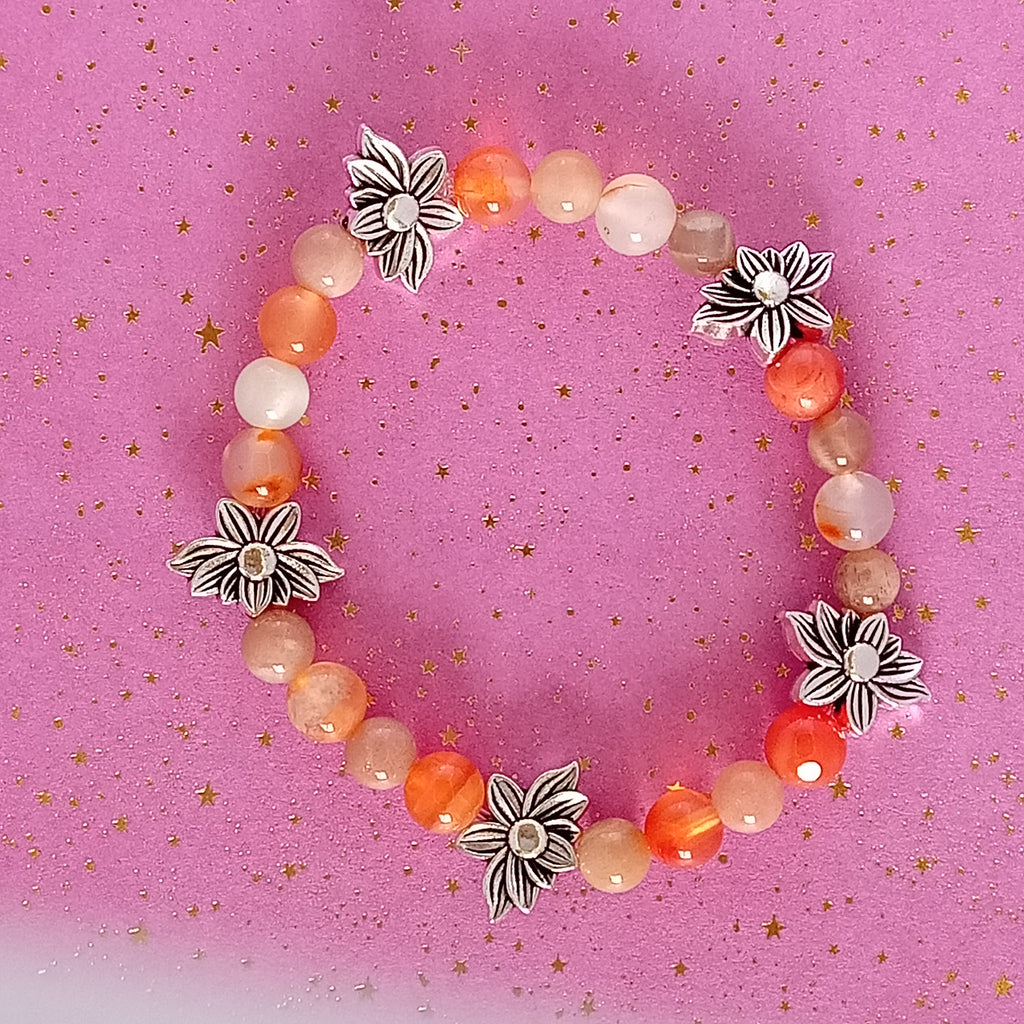 Bracelet-Botswana Agate-Tigre, Éléphant, Fleur de Lotus.