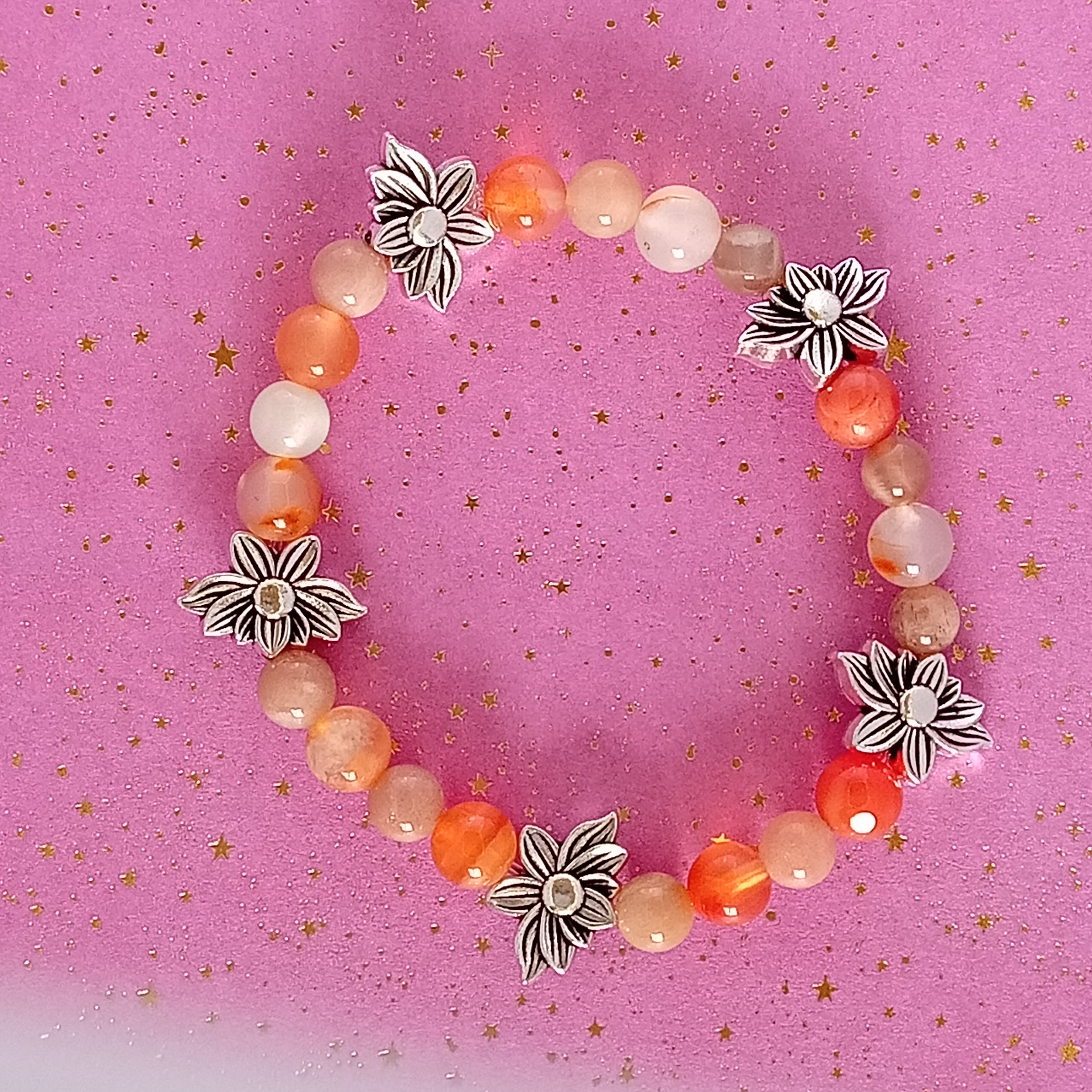 Bracelet-Botswana Agate-Tigre, Éléphant, Fleur de Lotus.