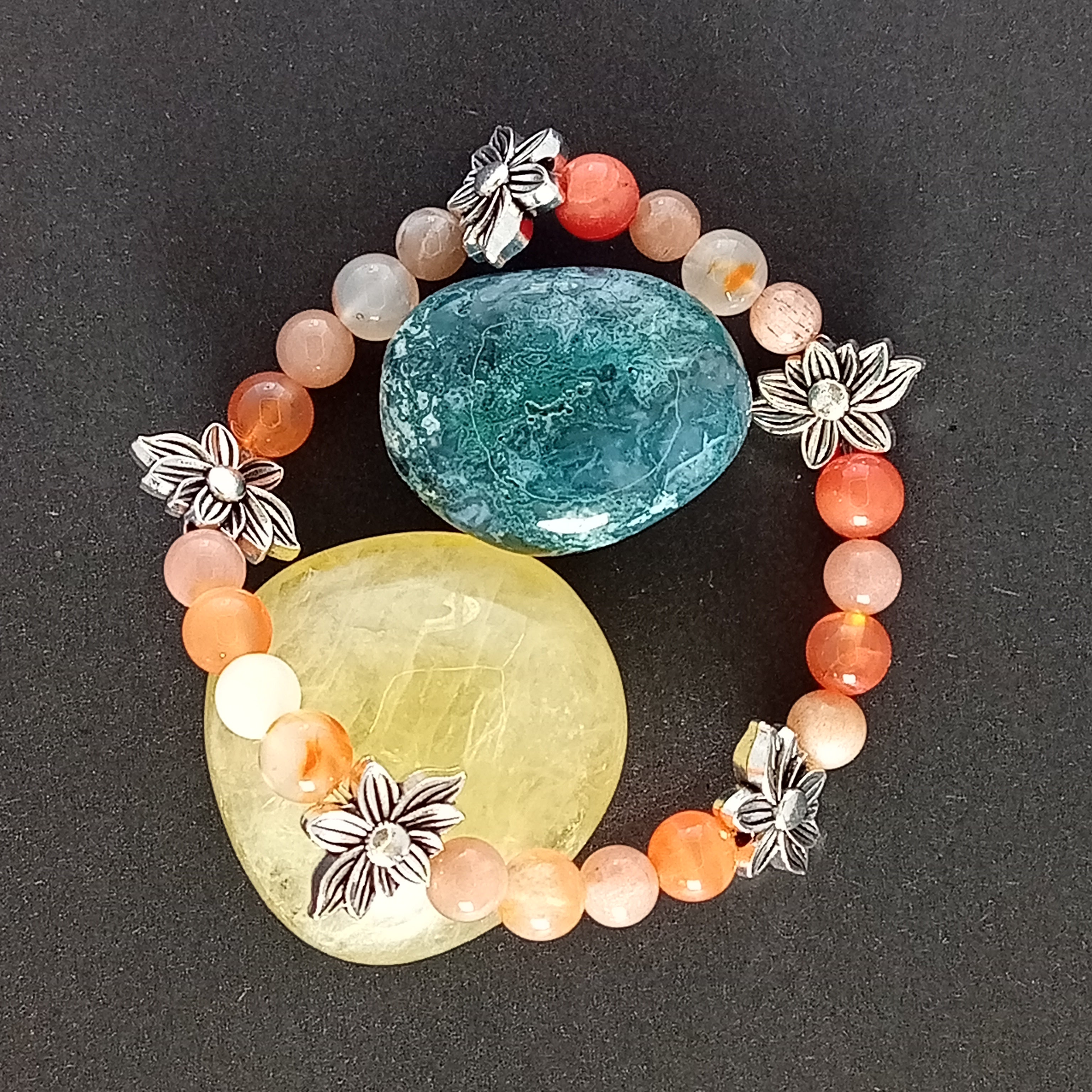 Bracelet-Botswana Agate-Tigre, Éléphant, Fleur de Lotus.