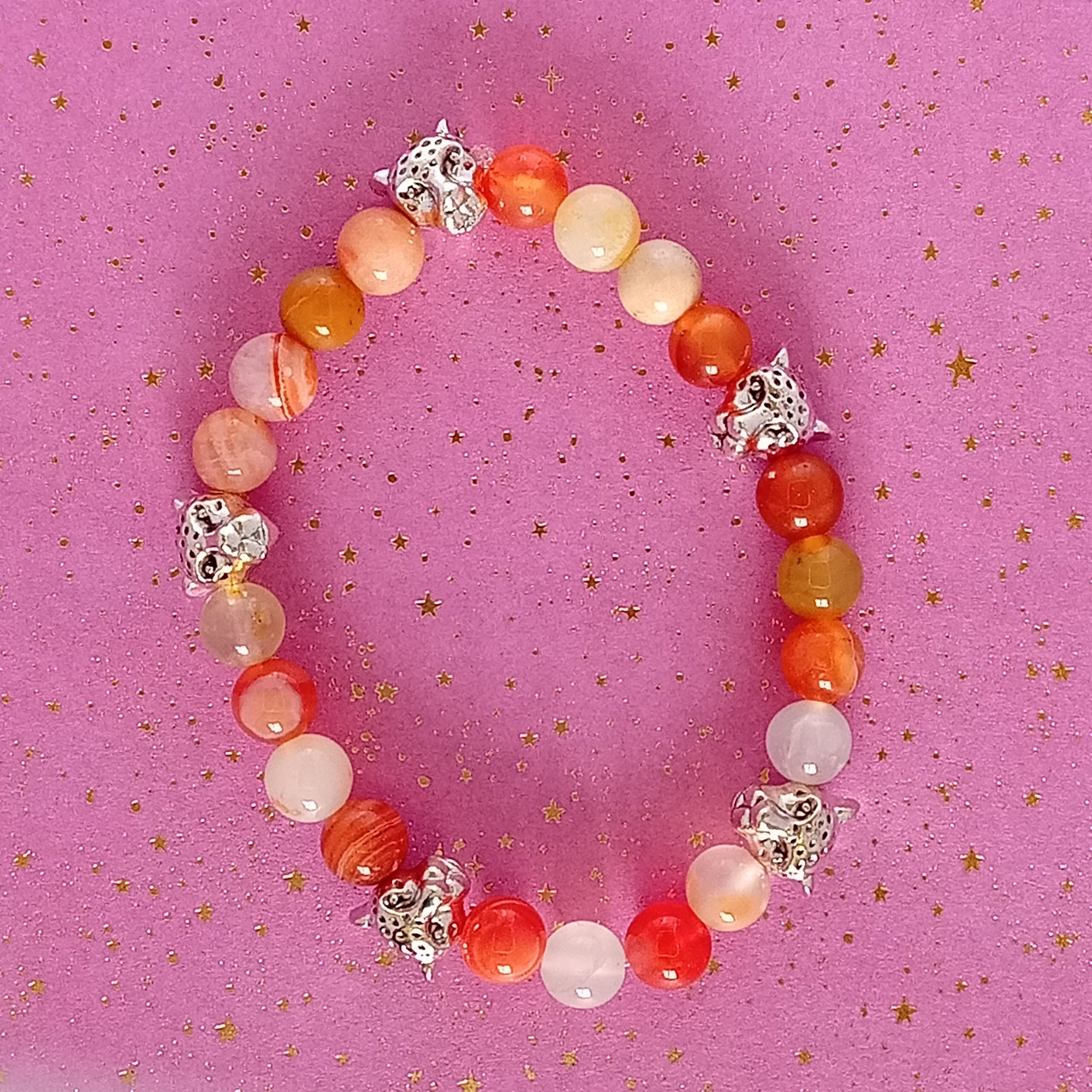 Bracelet-Botswana Agate-Tigre, Éléphant, Fleur de Lotus.