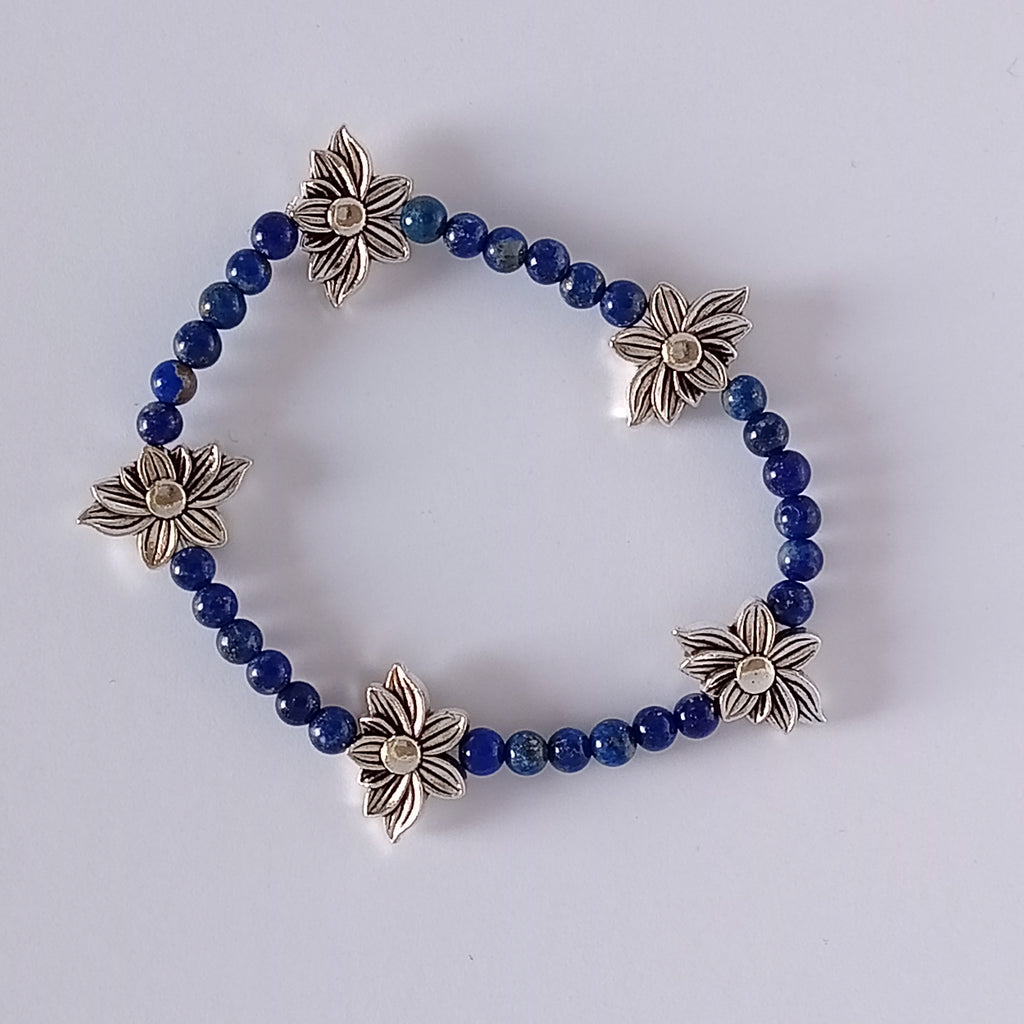 Bracelet-Lapis Lazuli-Fleur de Lotus, Éléphant, Petit Fleur.