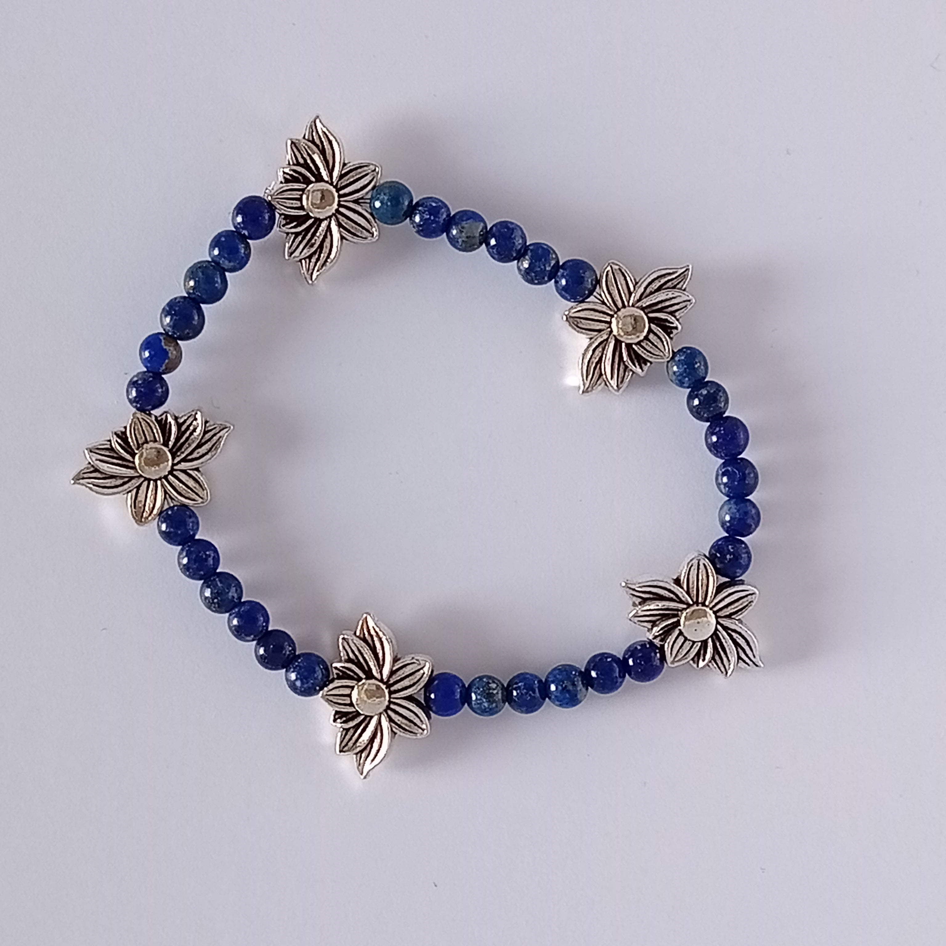 Bracelet-Lapis Lazuli-Fleur de Lotus, Éléphant, Petit Fleur.
