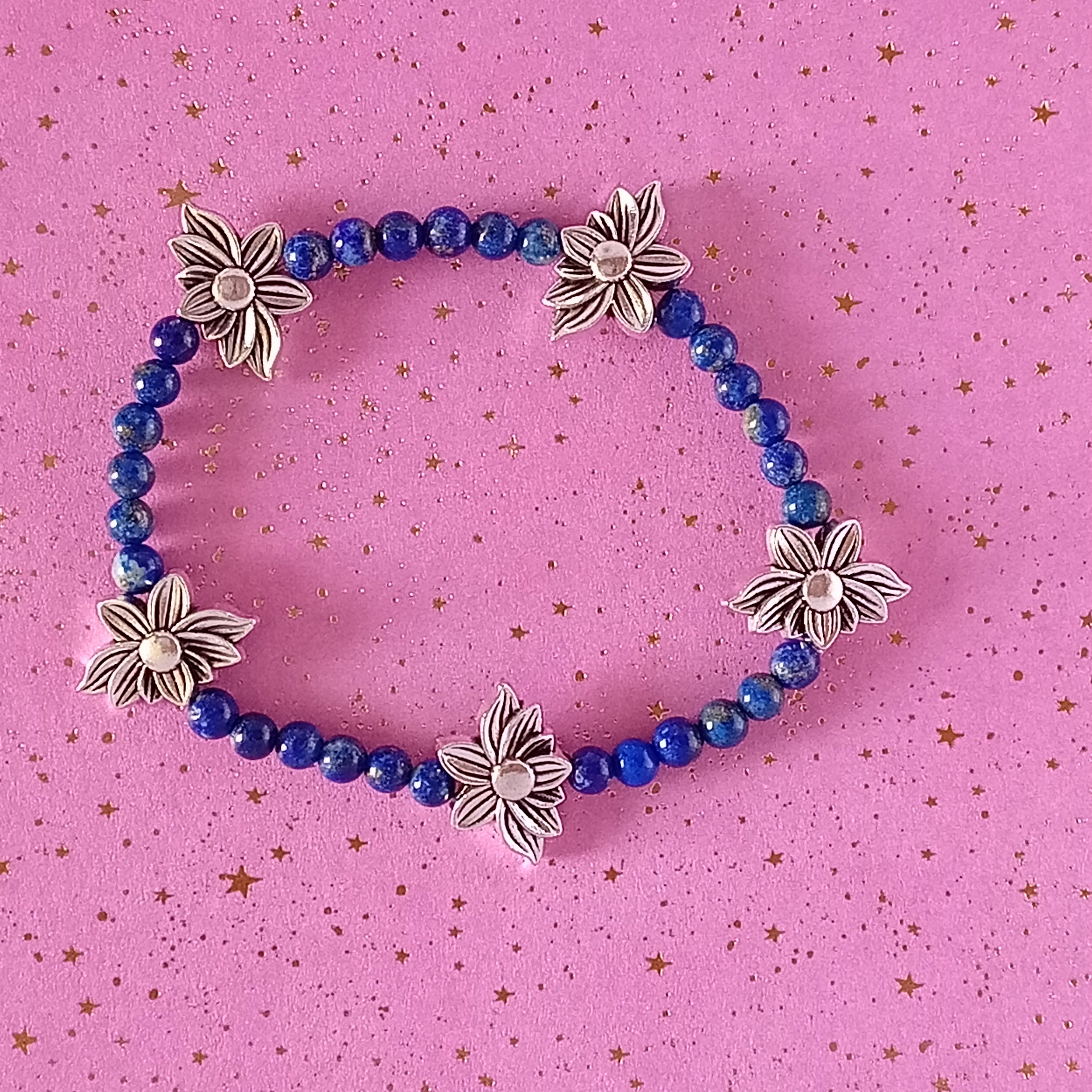Bracelet-Lapis Lazuli-Fleur de Lotus, Éléphant, Petit Fleur.
