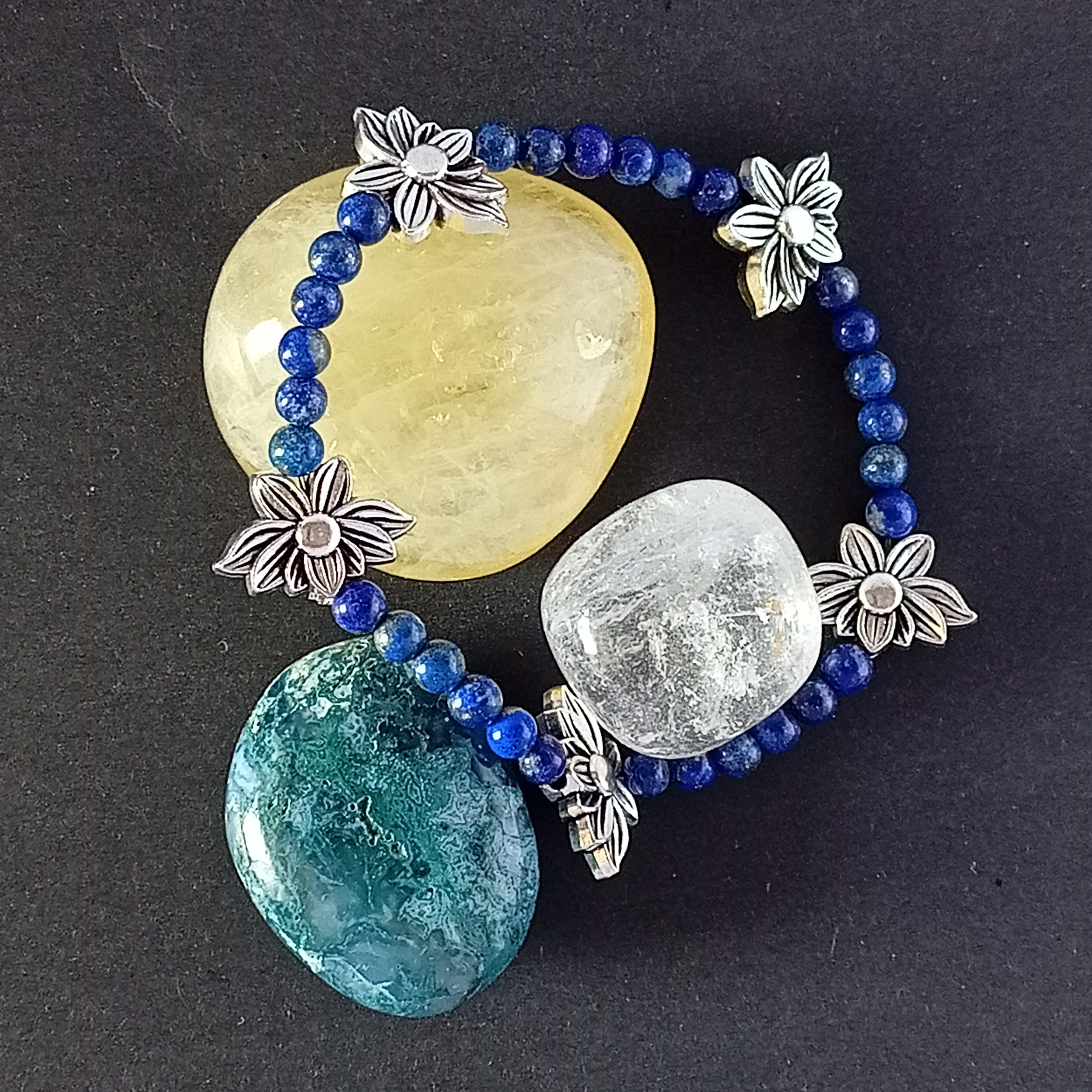 Bracelet-Lapis Lazuli-Fleur de Lotus, Éléphant, Petit Fleur.