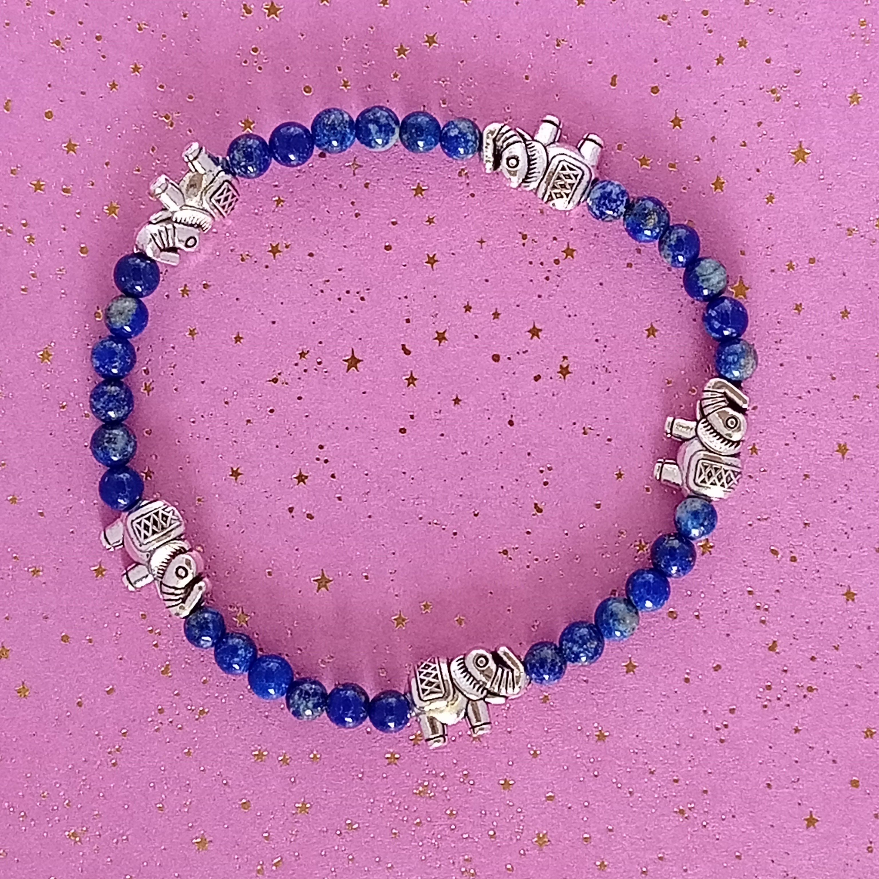 Bracelet-Lapis Lazuli-Fleur de Lotus, Éléphant, Petit Fleur.