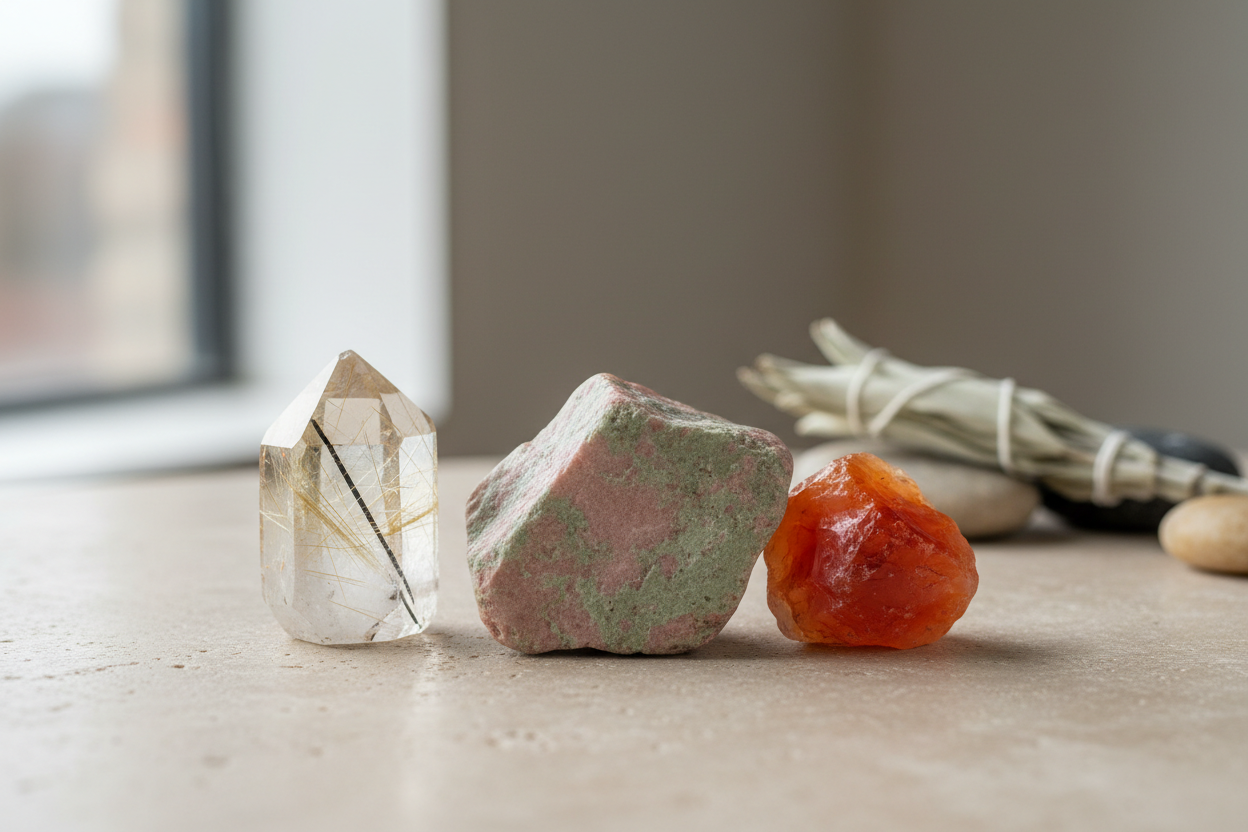 Collier avec attaches pour lunette Unakite et Quartz Cornalite, Rutile et Tourmalite
